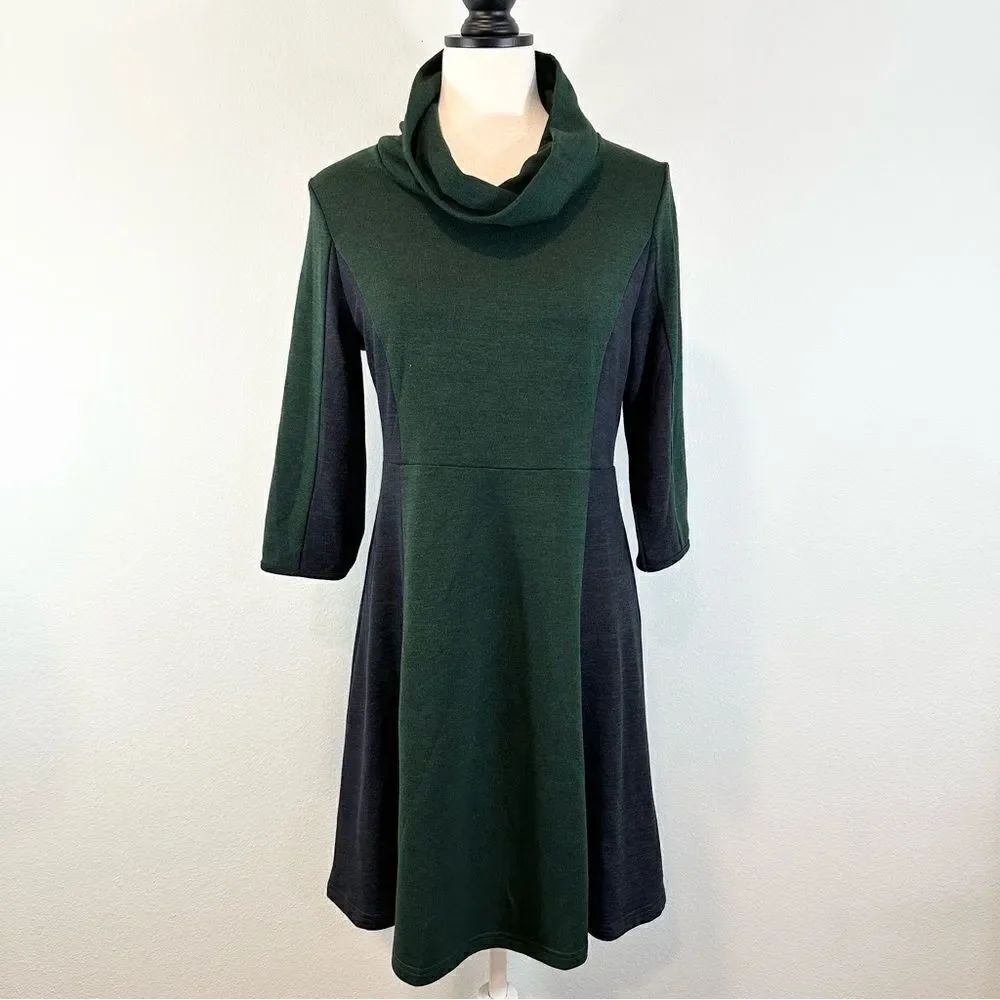 NWT Neesha Sweater Knit Dress Cowl Neck Fit & Flare Green Charcoal Size M